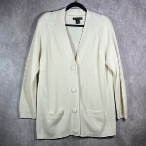 Vintage Yarnworks Cardigan‎ Sweater Womens L Ivory Rib Knit Button Academia Geek